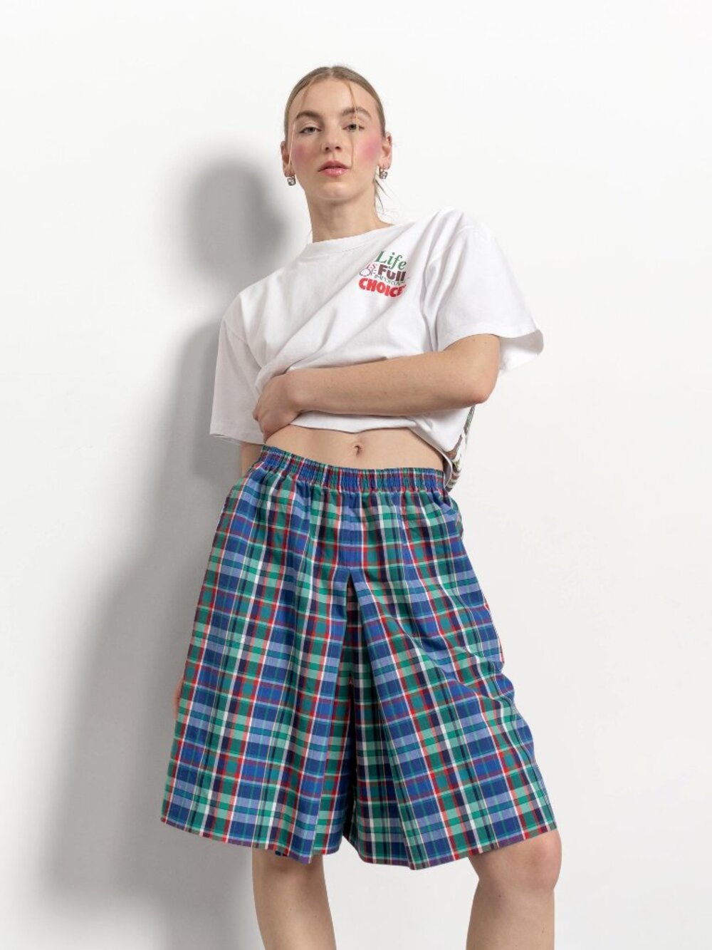 Vintage Plaid Cotton Skort Shorts: Elastic Waist, Relaxed Fit Medium